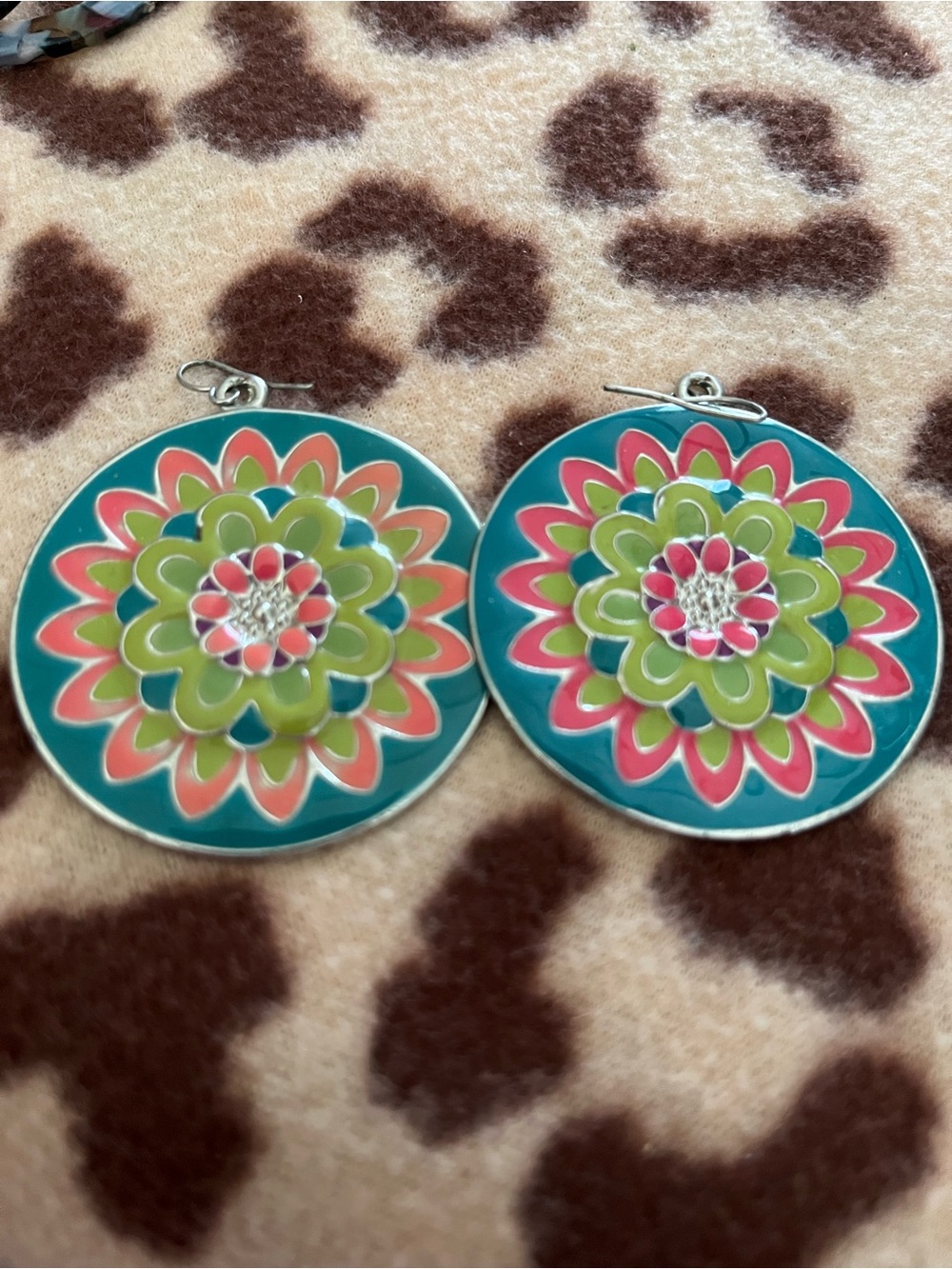 Teal Floral Drop Earrings with Pink & Green Enamel